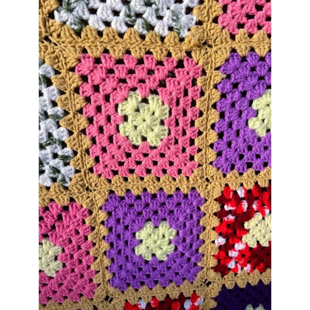Vintage Colorful Granny Square Crochet Afghan 75x56" - Picture 8 of 16